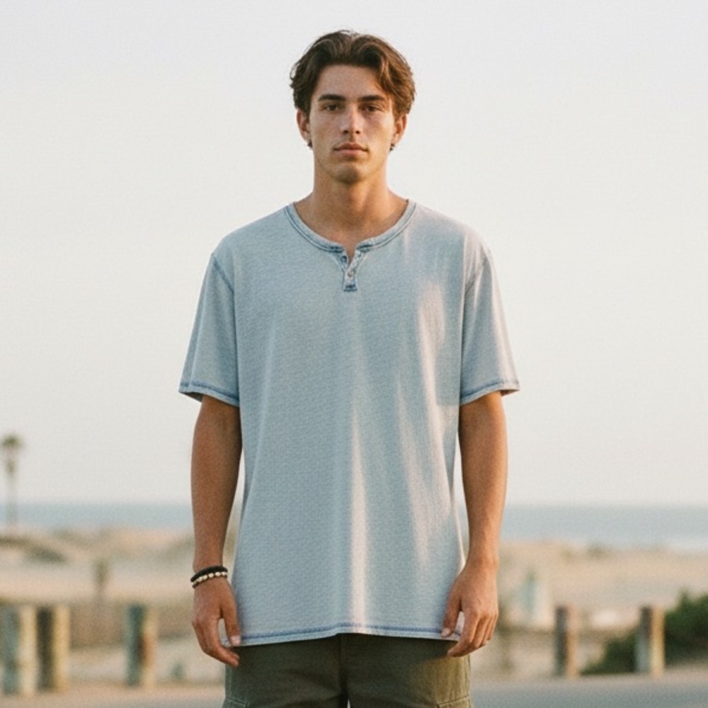 Oversized 90s Surf Henley // Faded Blue Boxy Fit // Grunge Aesthetic